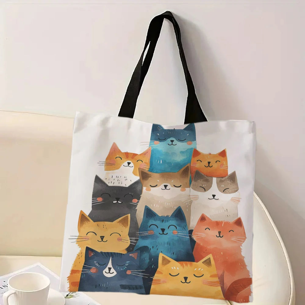Cat Print Linen Tote Bag – Lightweight Everyday Shoulder & Shopper Bag