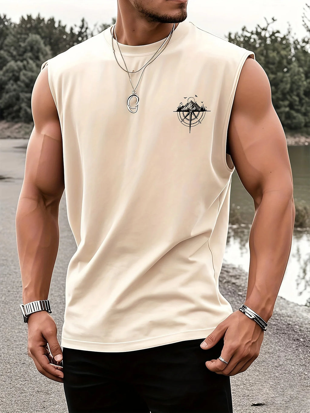 Men's Compass & Mountain Print Tank Top – Loose Fit Breathable Sleeveless Vest for Sports, Travel & Summer (S-XXL)