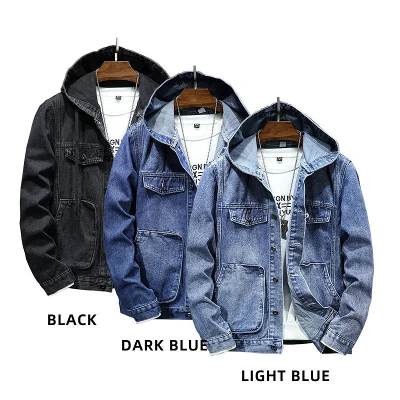 Men's Hooded Denim Jacket – Casual Button-Up Coat with Pockets