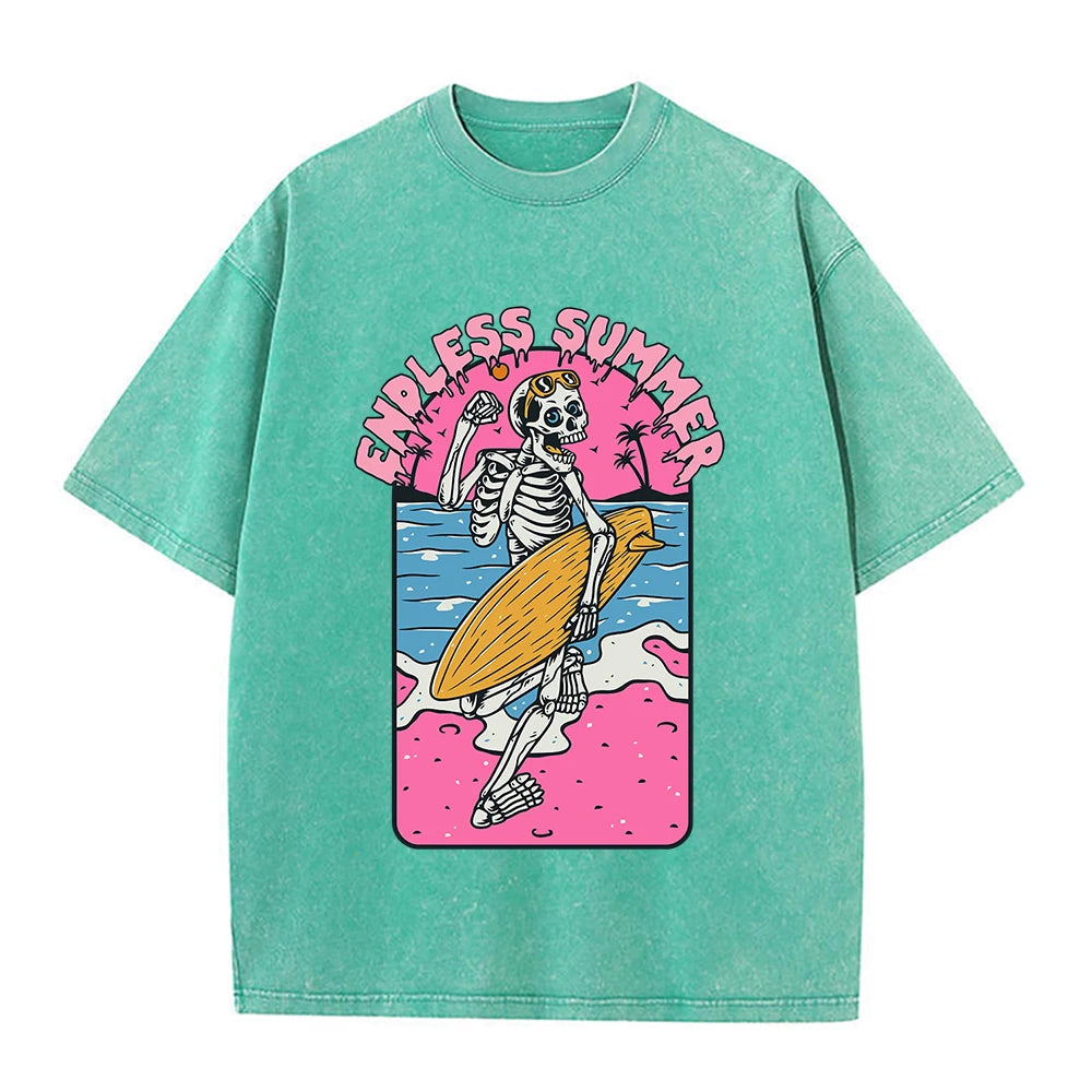 Endless Summer Skeleton Surfing T-Shirt | Washed Retro Graphic Tee | Unisex