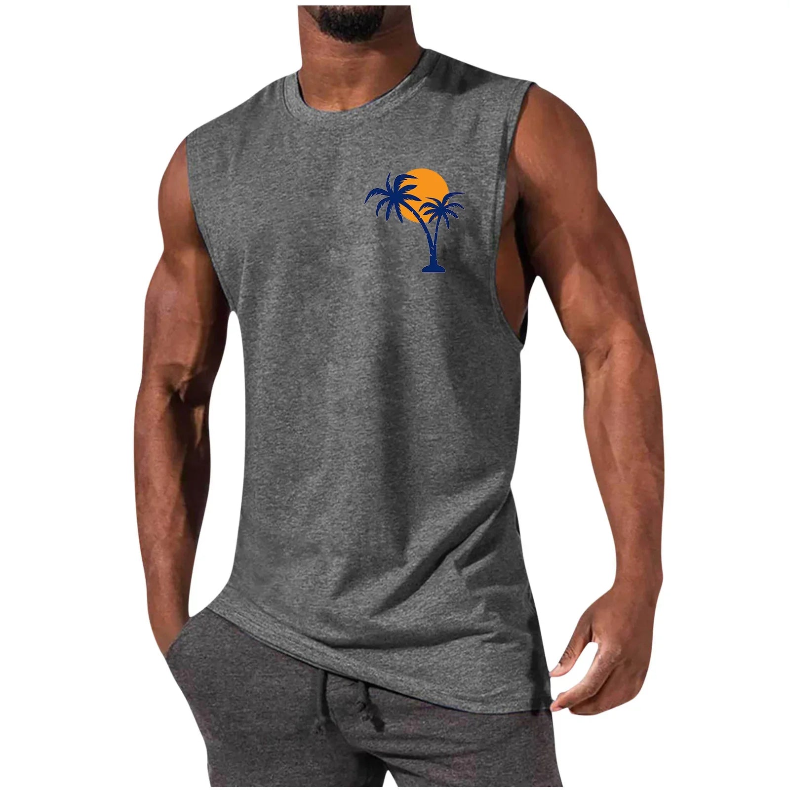Men's Coconut Tree Print Tank Top – Sleeveless Summer Gym Vest