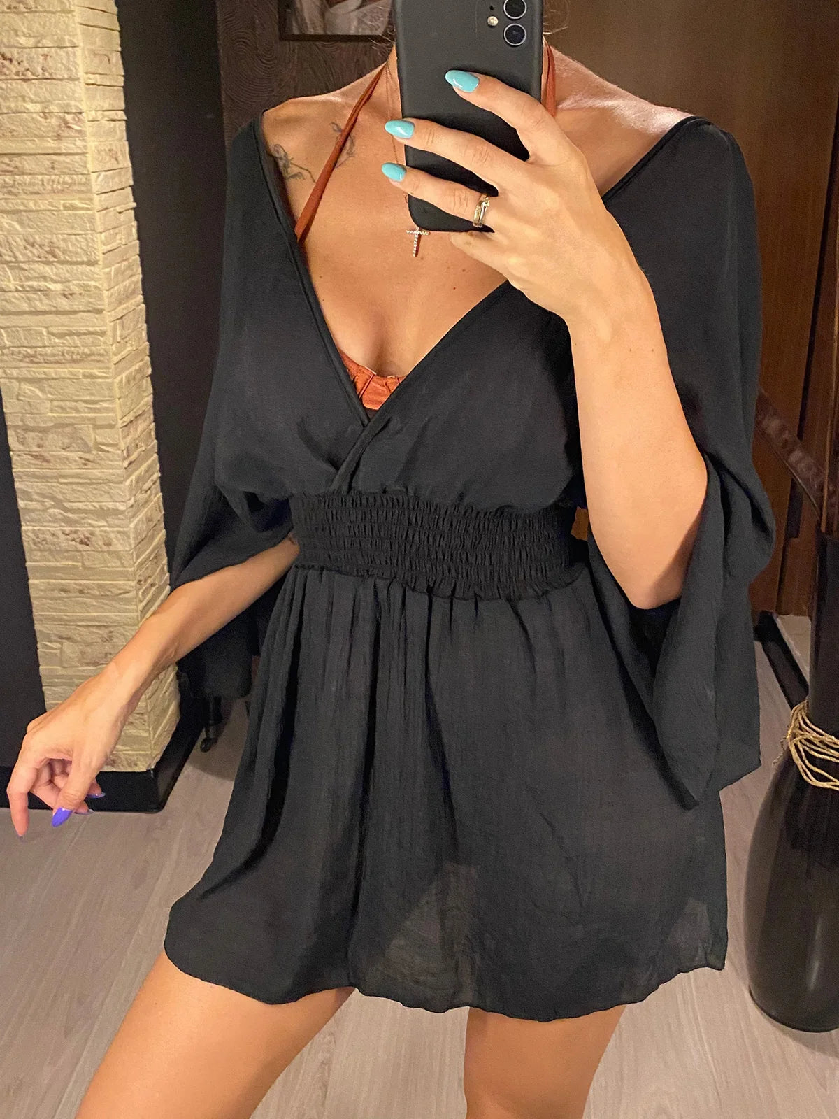Women's V-Neck Backless Chiffon Beach Cover-Up | Long Sleeve Tunic