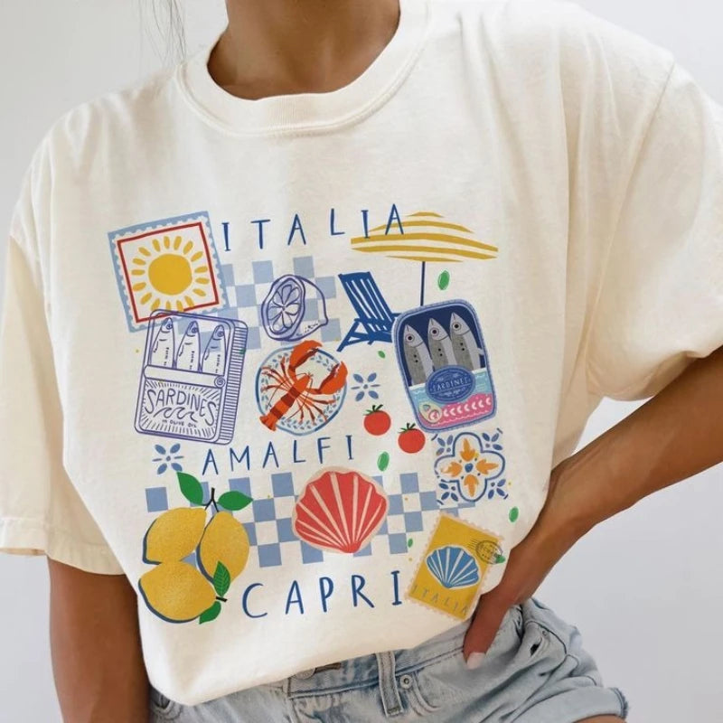 Capri Italia Graphic T-Shirt – Retro Seafood Vacation Tee | Women's Oversized Summer Top