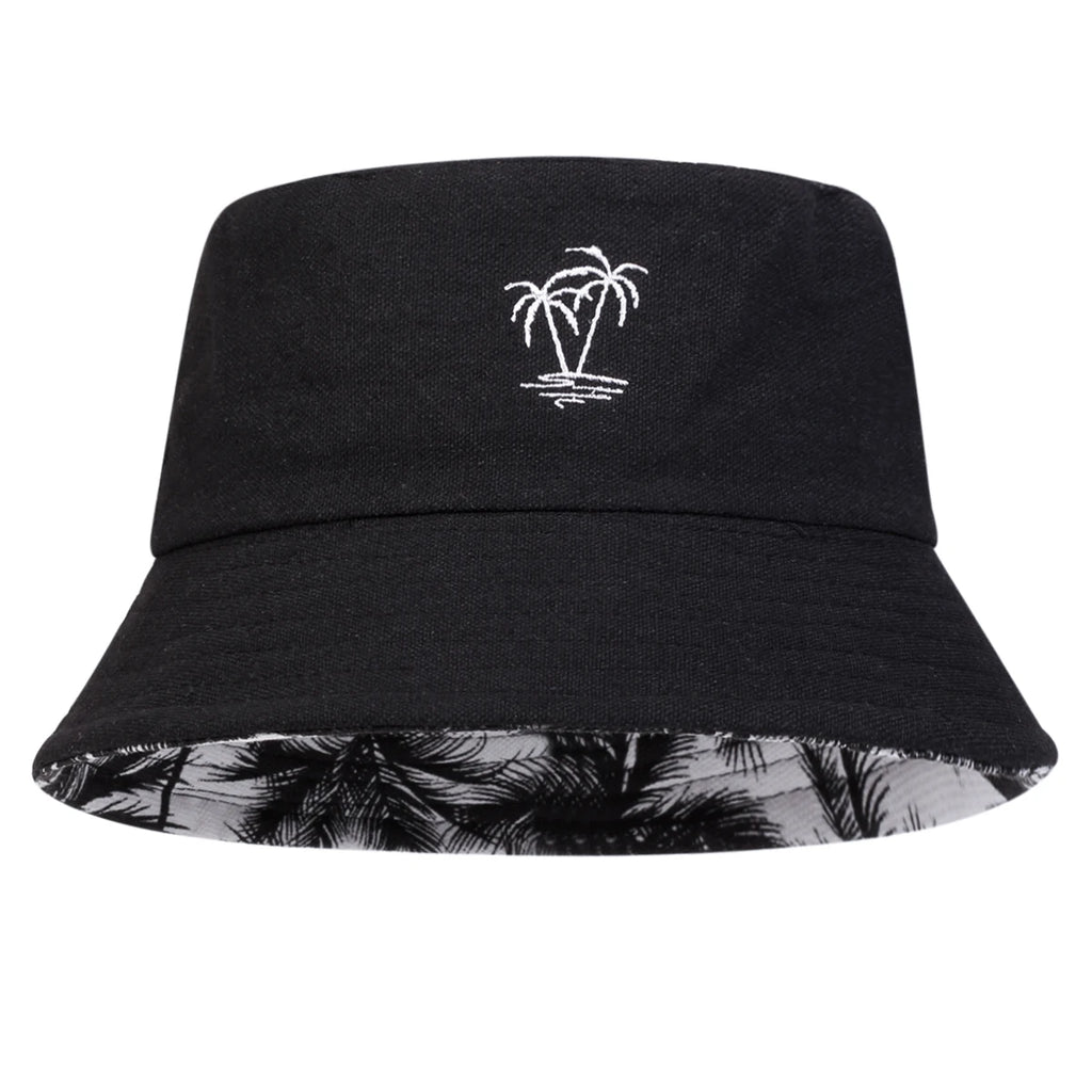 Coconut Tree Embroidery Bucket Hat | Reversible Unisex Fisherman Cap | Outdoor Sun Hat
