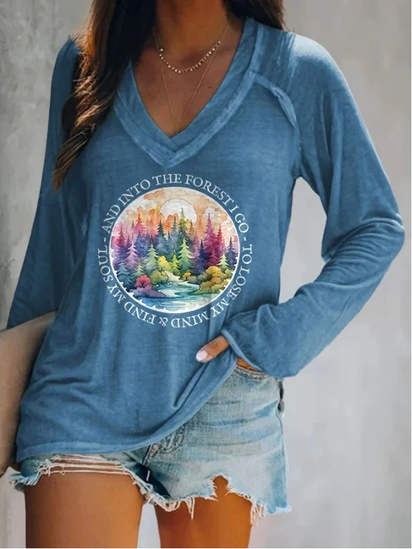 Women's Letter Print Long Sleeve V-Neck T-Shirt – Casual Loose Fit