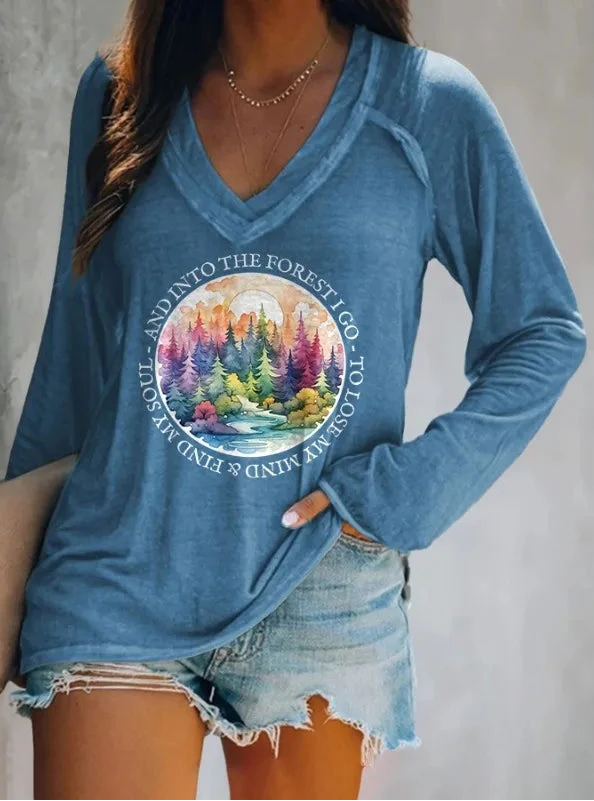 Women's Letter Print Long Sleeve V-Neck T-Shirt – Casual Loose Fit