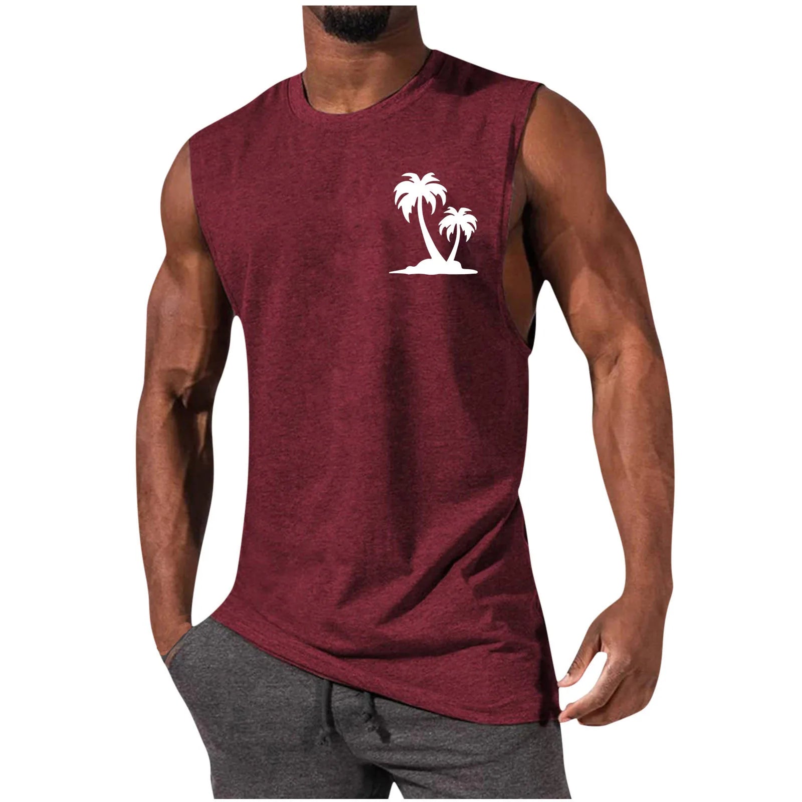 Men's Coconut Tree Print Tank Top – Sleeveless Summer Gym Vest