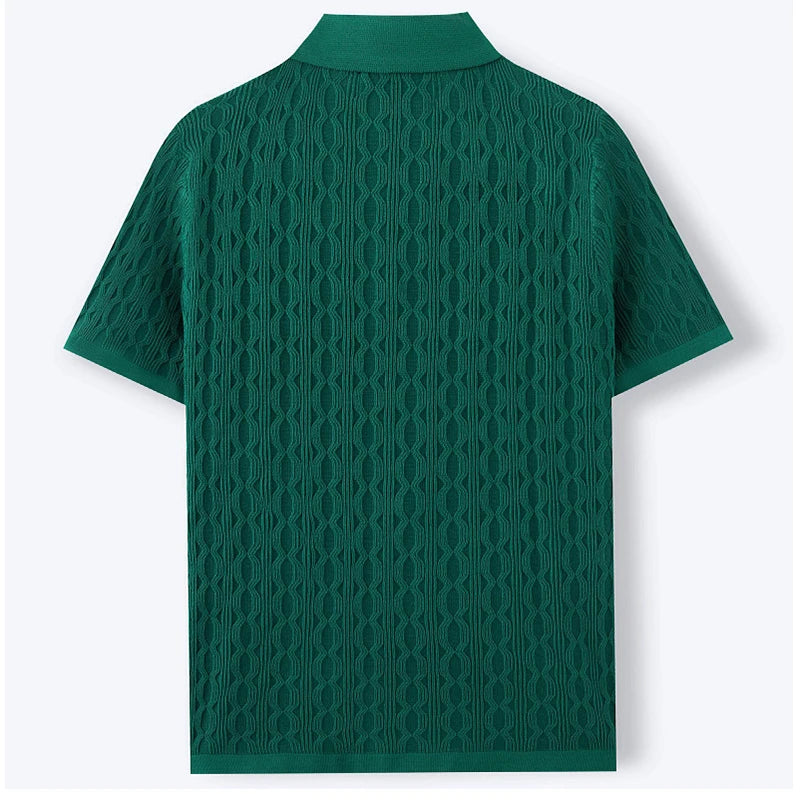 Men's Short-Sleeve Jacquard Knit Polo Shirt – Slim Fit Single-Breasted Viscose Knitwear