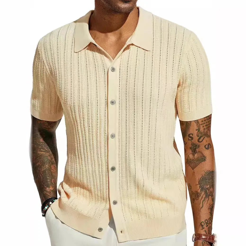 Men's Short-Sleeve Knitted Polo Shirt – Casual Loose Fit with Turn-Down Collar