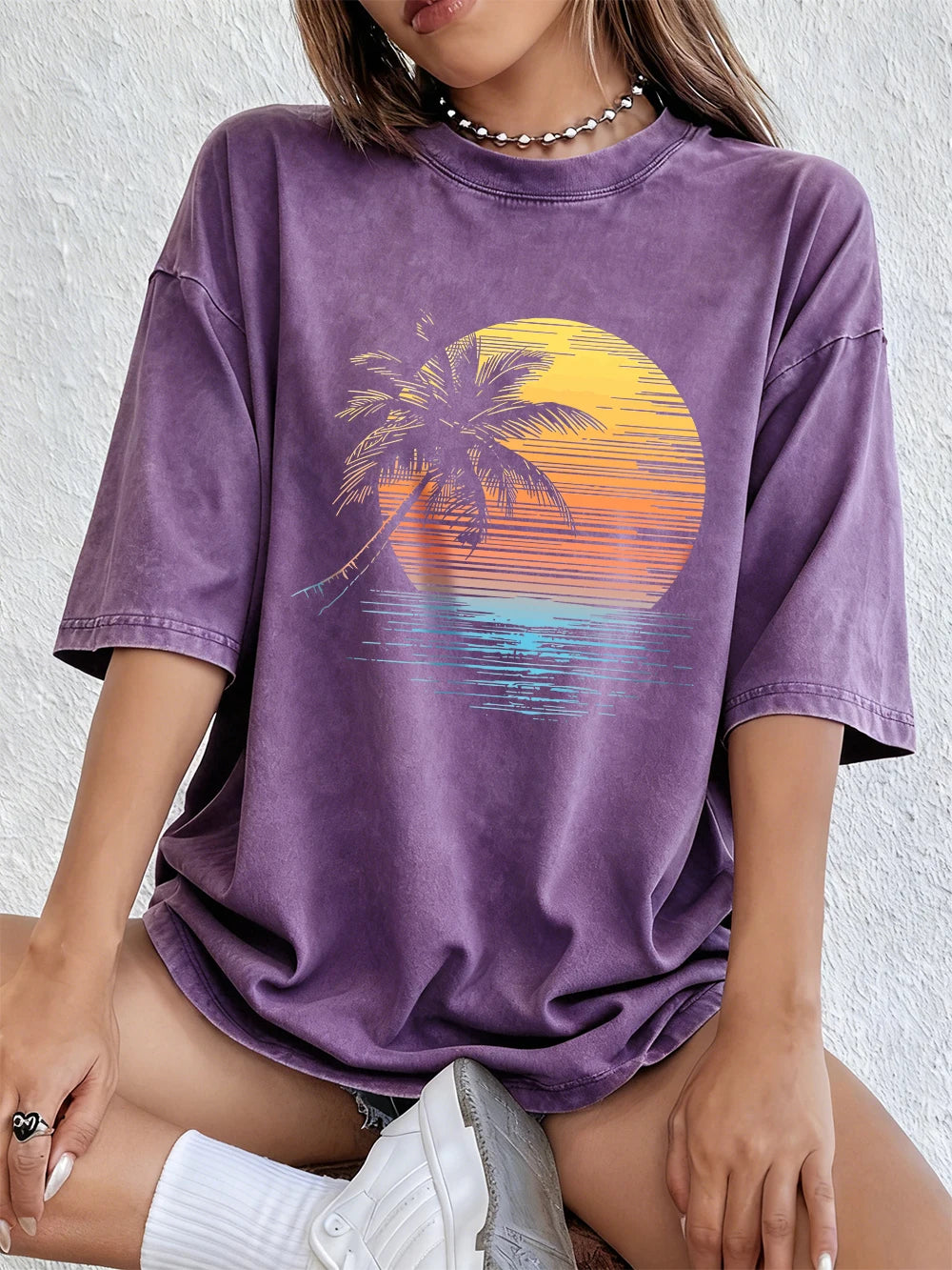 Women's Sunset Coconut Tree Washed Cotton T-Shirt | Oversized Summer Tee | Soft Streetwear Top