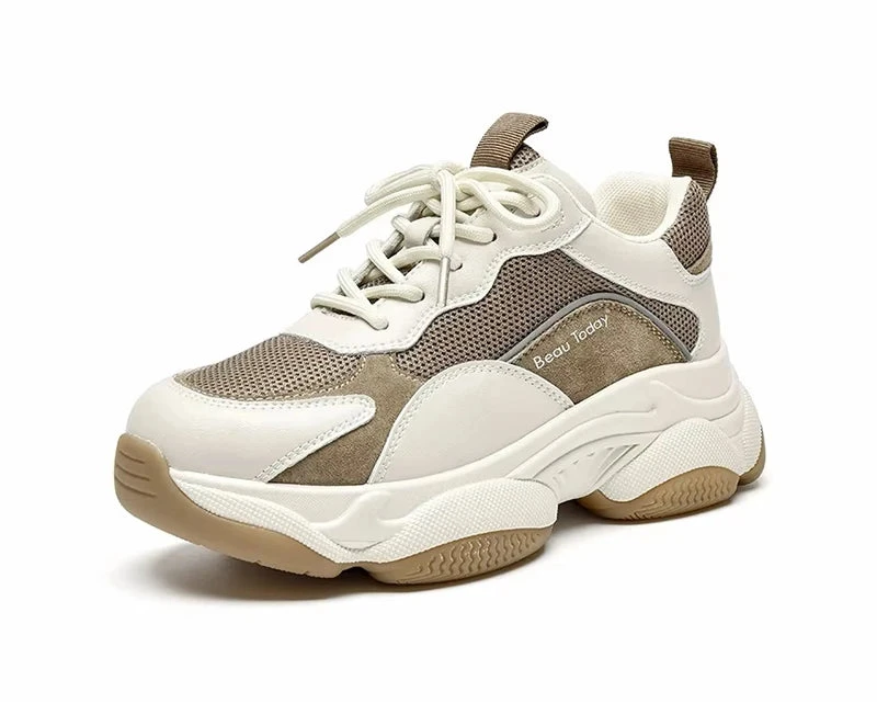 BeauToday Women's Chunky Platform Sneakers – Mesh & Leather Lace-Up Trainers