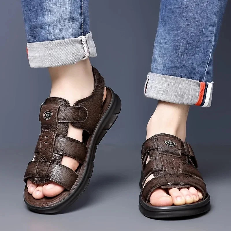 Men's Genuine Leather Sandals – Non-Slip Casual Beach & Outdoor Shoes