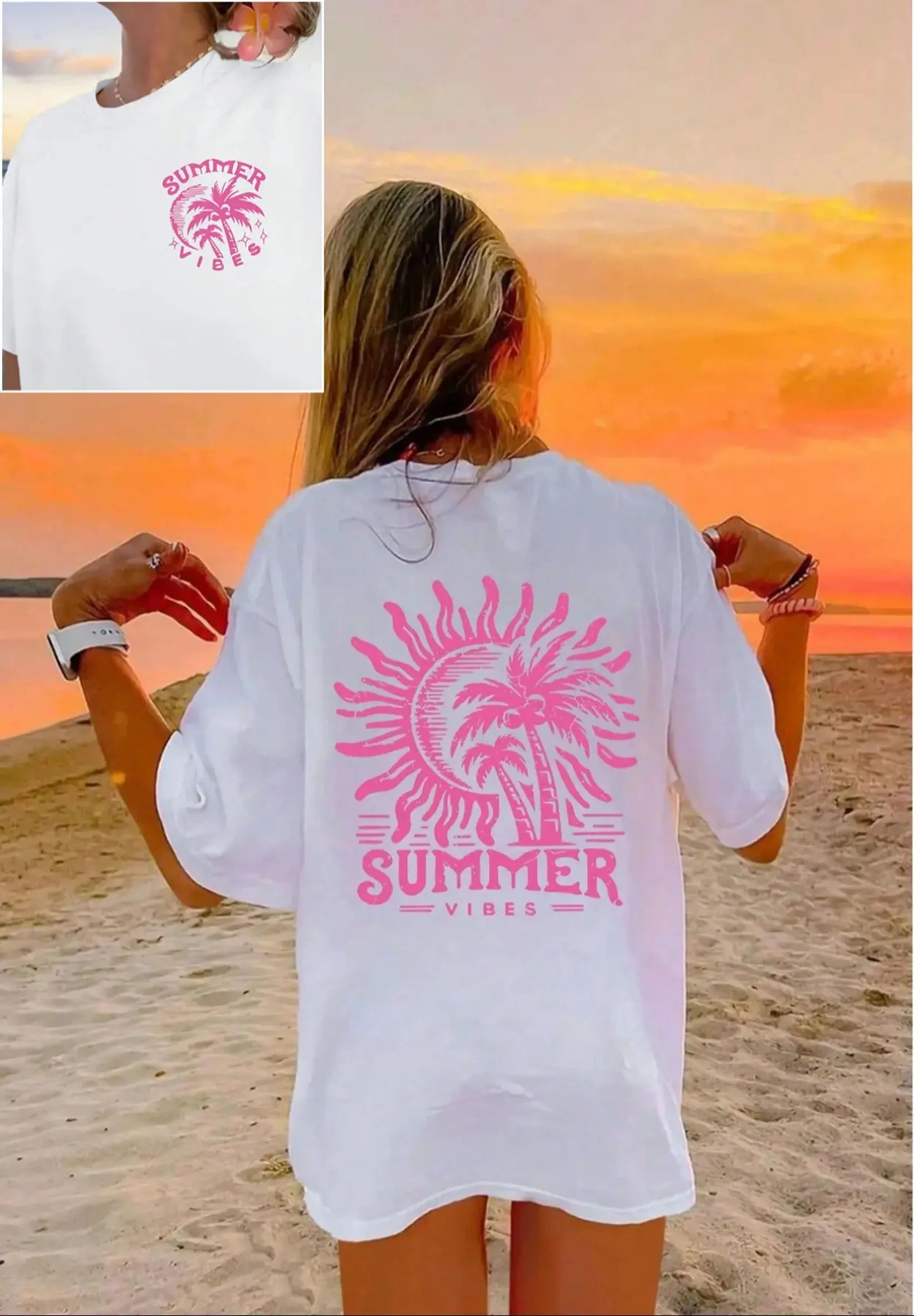 Women's Palm Tree & Sun Print T-Shirt – Casual Beach Vacation Tee