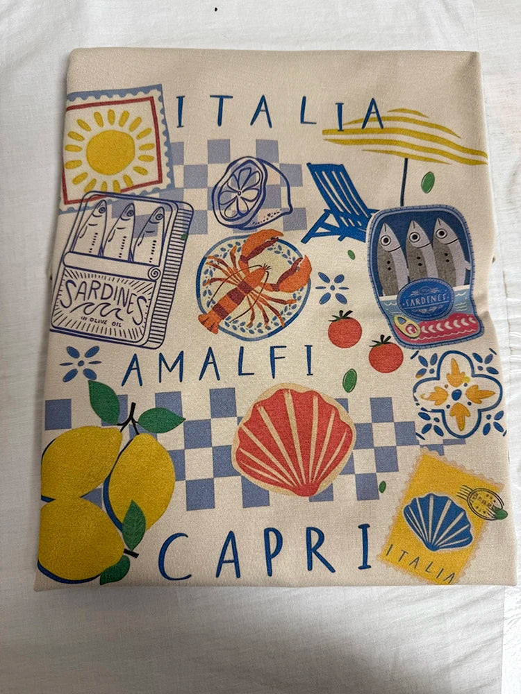 Capri Italia Graphic T-Shirt – Retro Seafood Vacation Tee | Women's Oversized Summer Top