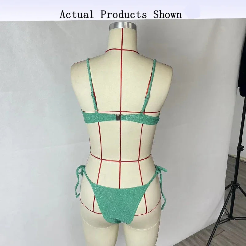 Women's Glossy Lace-Up High Waist Bikini Set – Sexy Backless Suspender 2-Piece Swimsuit for Beach & Vacation (S-L)