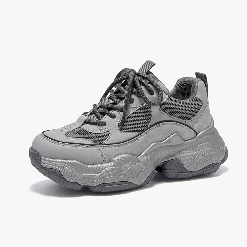 BeauToday Women's Chunky Platform Sneakers – Mesh & Leather Lace-Up Trainers