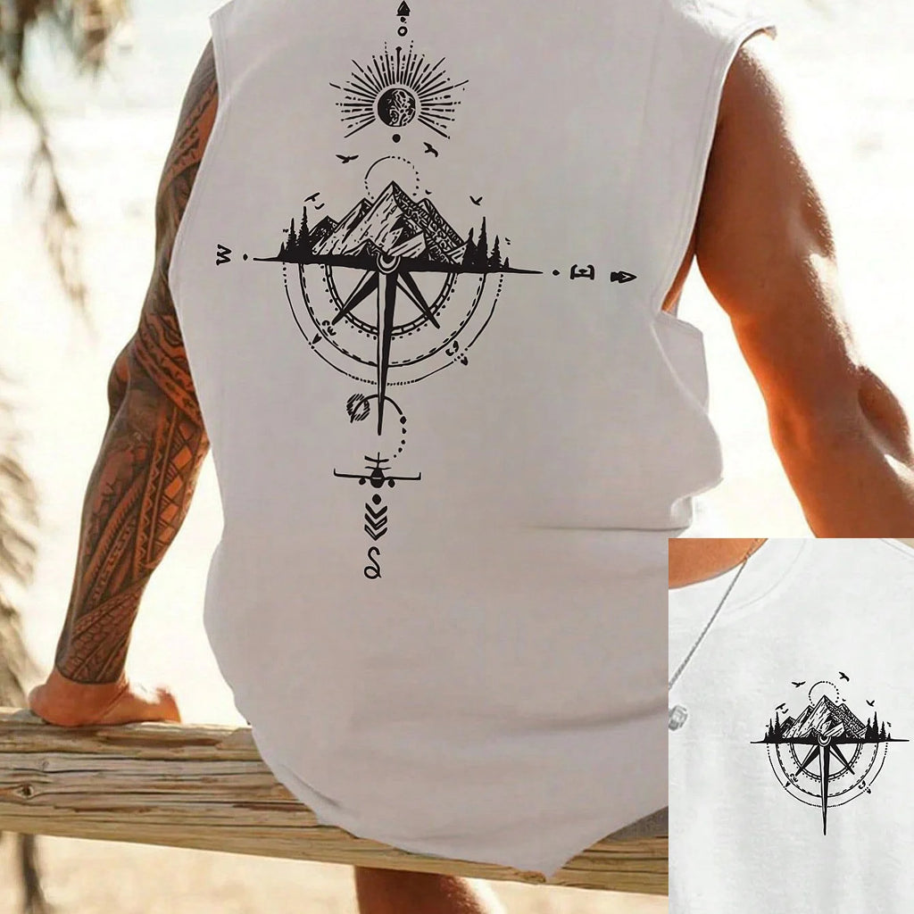 Men's Compass & Mountain Print Tank Top – Loose Fit Breathable Sleeveless Vest for Sports, Travel & Summer (S-XXL)