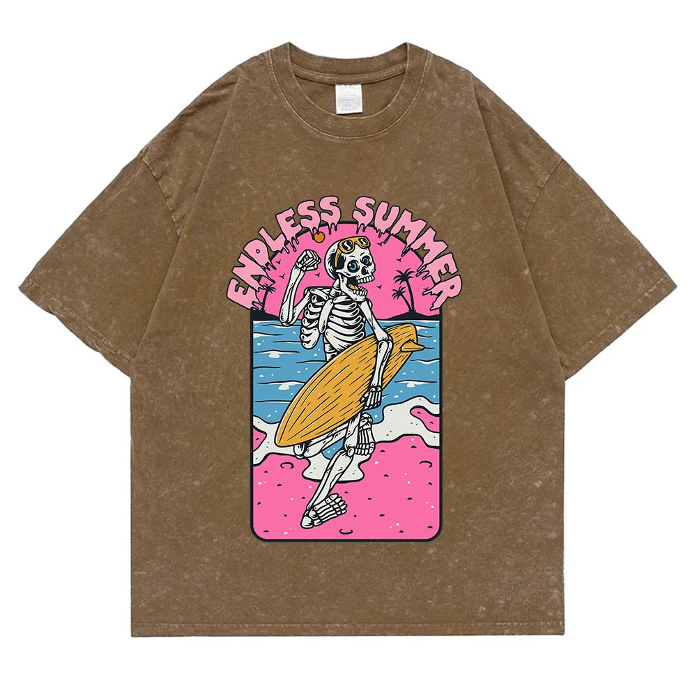 Endless Summer Skeleton Surfing T-Shirt | Washed Retro Graphic Tee | Unisex