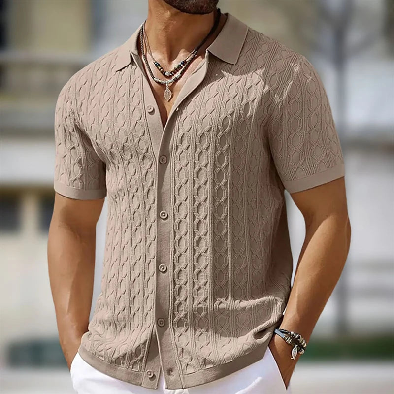 Men's Short-Sleeve Jacquard Knit Polo Shirt – Slim Fit Single-Breasted Viscose Knitwear