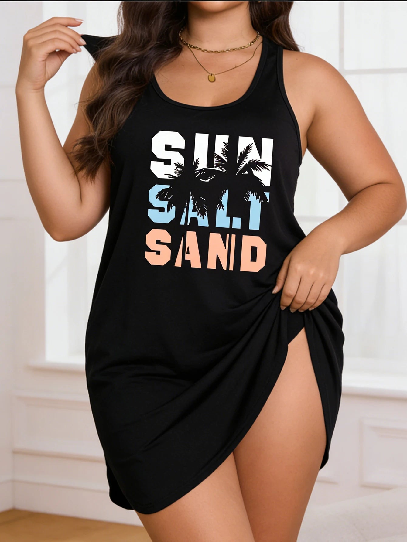 Women's Plus Size Palm Tree Print Casual Dress – Loose Fit Sleeveless Knee-Length Beach Vacation Dress (L-4XL)