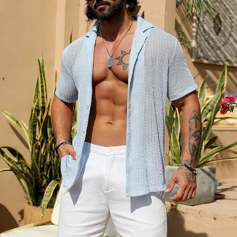 Men's Hollow Knit Beach Shirt – Breathable Short Sleeve Button-Up