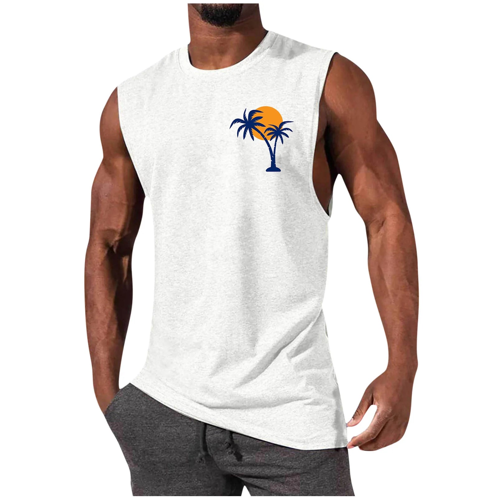 Men's Coconut Tree Print Tank Top – Sleeveless Summer Gym Vest