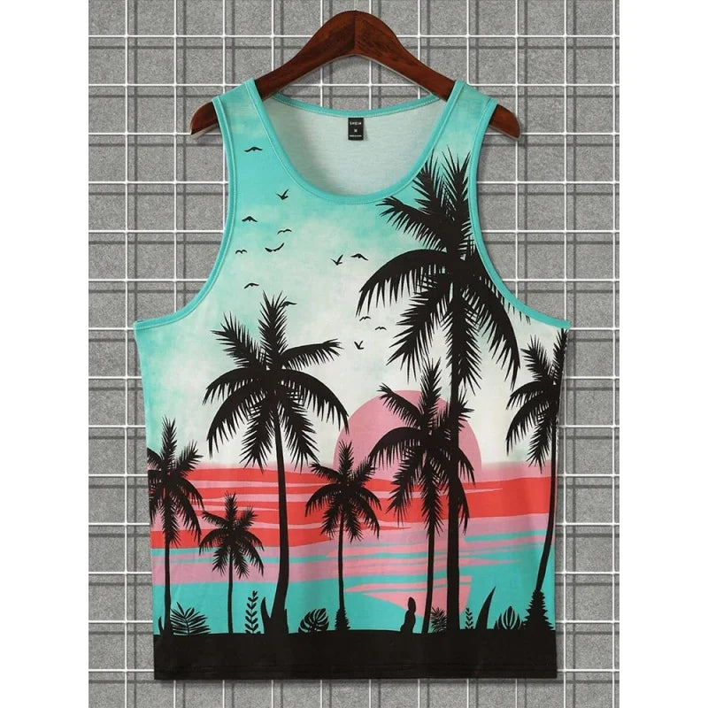 Men's Coconut Tree Print Tank Top | Colorful Gradient 3D Tee | Summer Casual Streetwear Vest