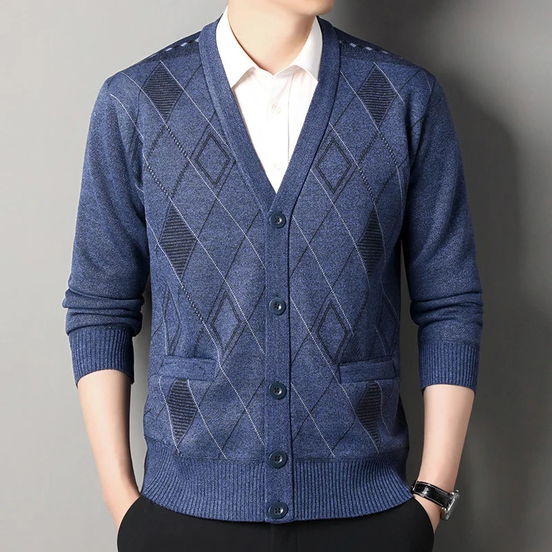 Men's Knitted Cardigan Sweater – Vintage V-Neck Button-Up Jumper for Fall & Winter