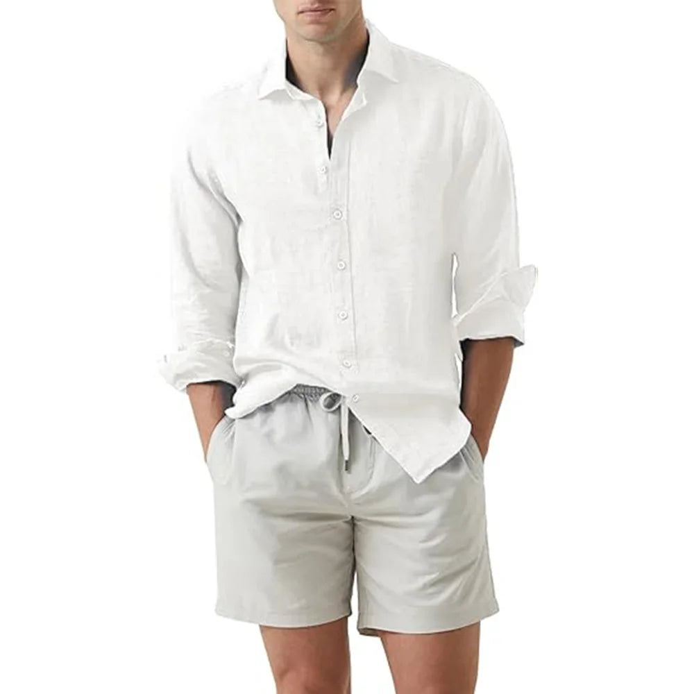 Men's Cotton Linen Long Sleeve Beach Shirt | Slim Fit Cardigan Style Turn-Down Collar