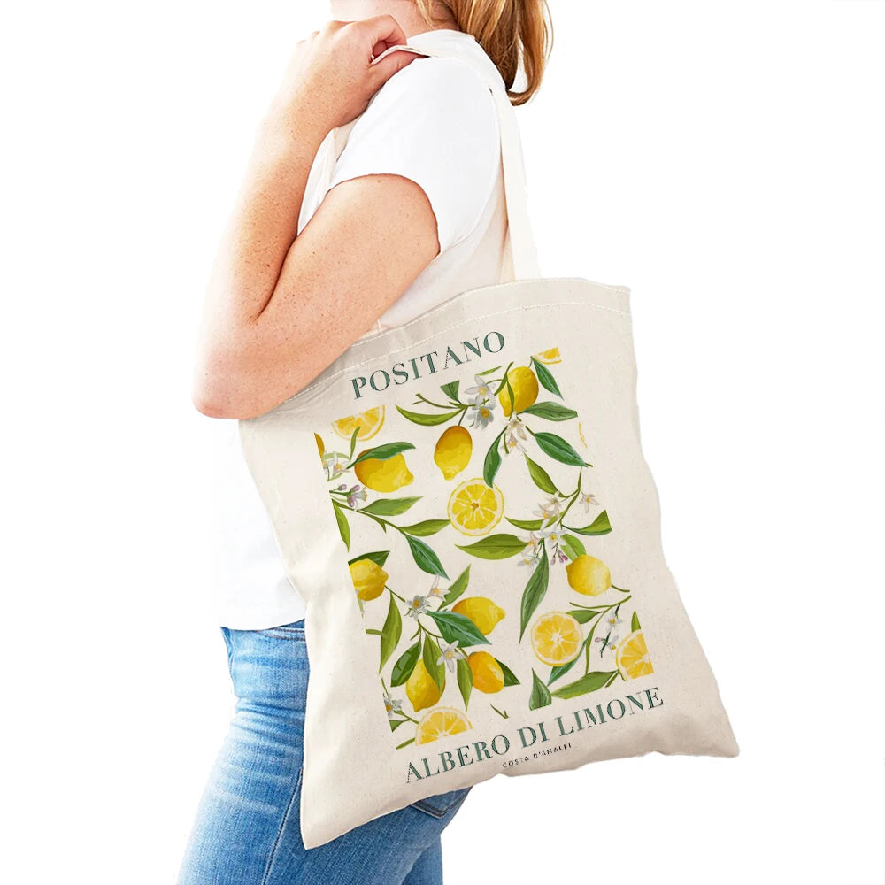 Positano Lemon & Leaves Canvas Tote Bag – Women's Eco Shopper | Italian Summer Handbag