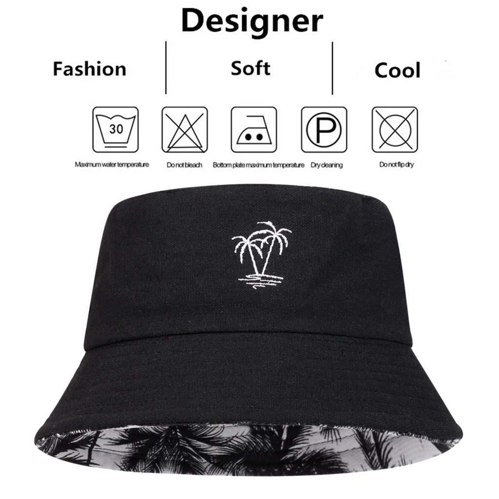 Coconut Tree Embroidery Bucket Hat | Reversible Unisex Fisherman Cap | Outdoor Sun Hat