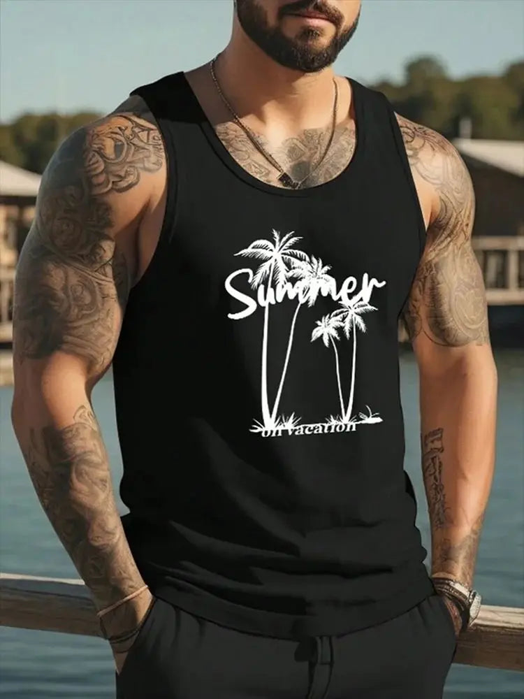 Men's Hawaiian Coconut Tree 3D Print Vest – Oversized Sleeveless Beach Streetwear