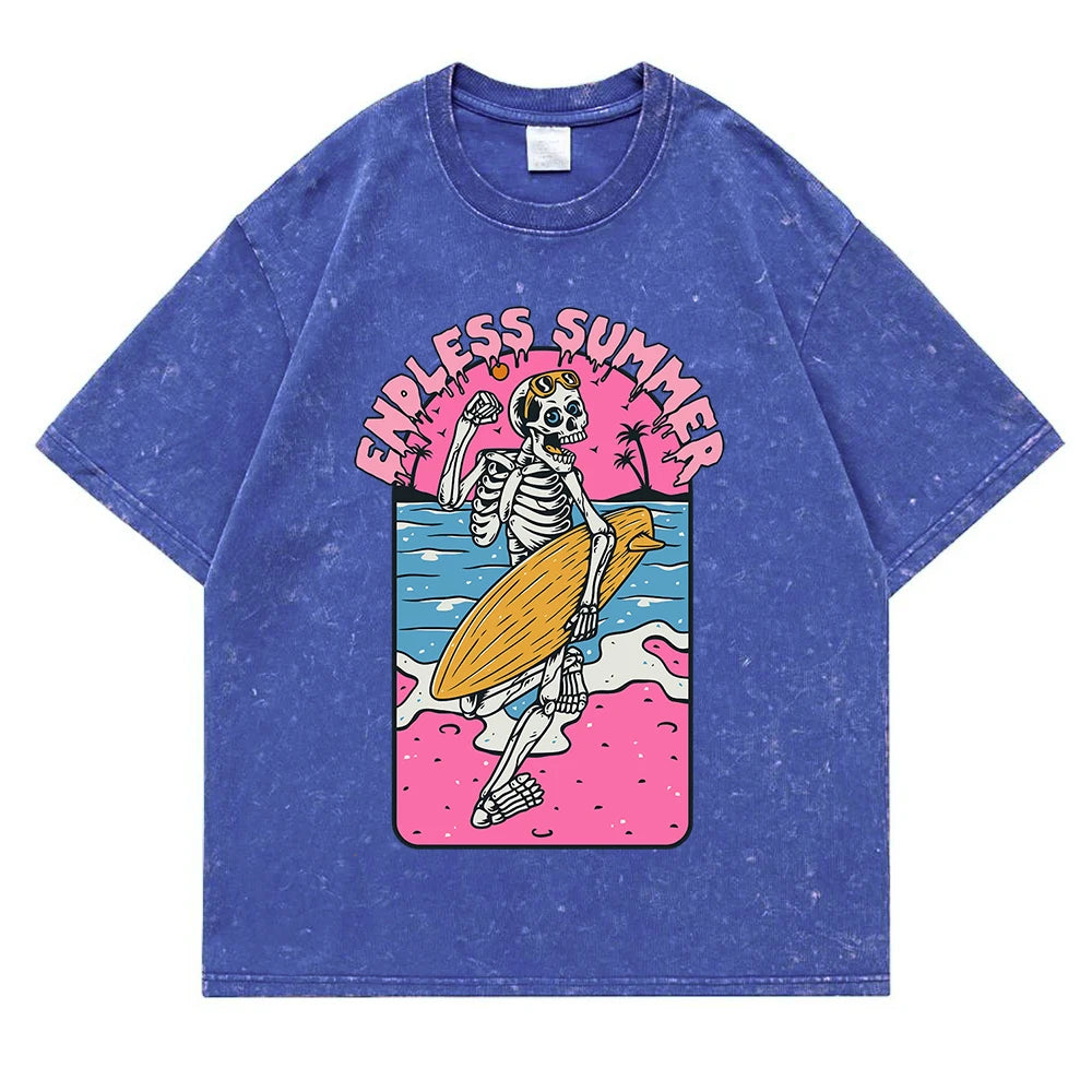 Endless Summer Skeleton Surfing T-Shirt | Washed Retro Graphic Tee | Unisex