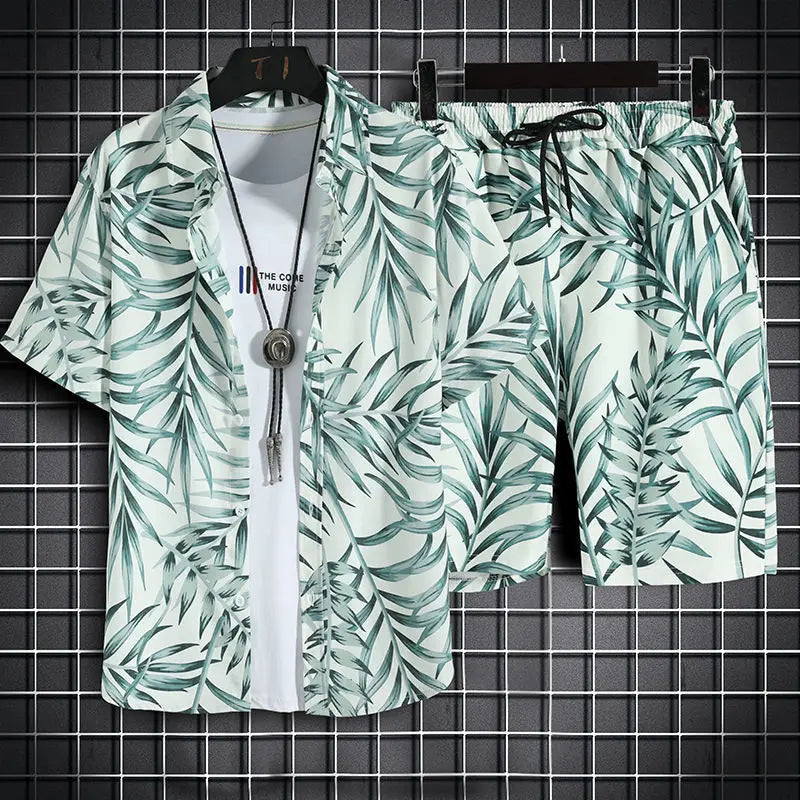 Men's 2-Piece Hawaiian Beach Set – Quick-Dry Print Shirt & Matching Shorts