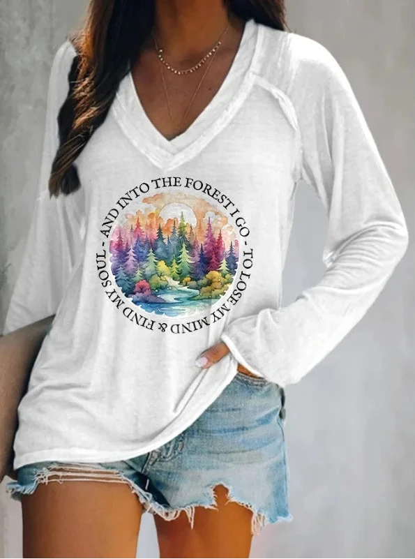 Women's Letter Print Long Sleeve V-Neck T-Shirt – Casual Loose Fit