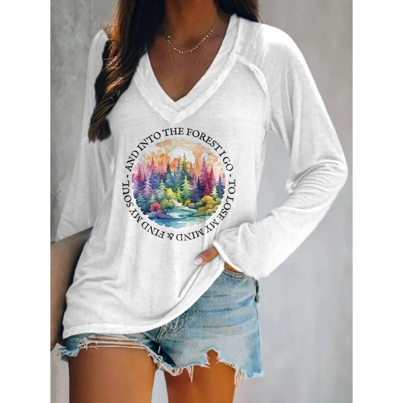 Women's Letter Print Long Sleeve V-Neck T-Shirt – Casual Loose Fit