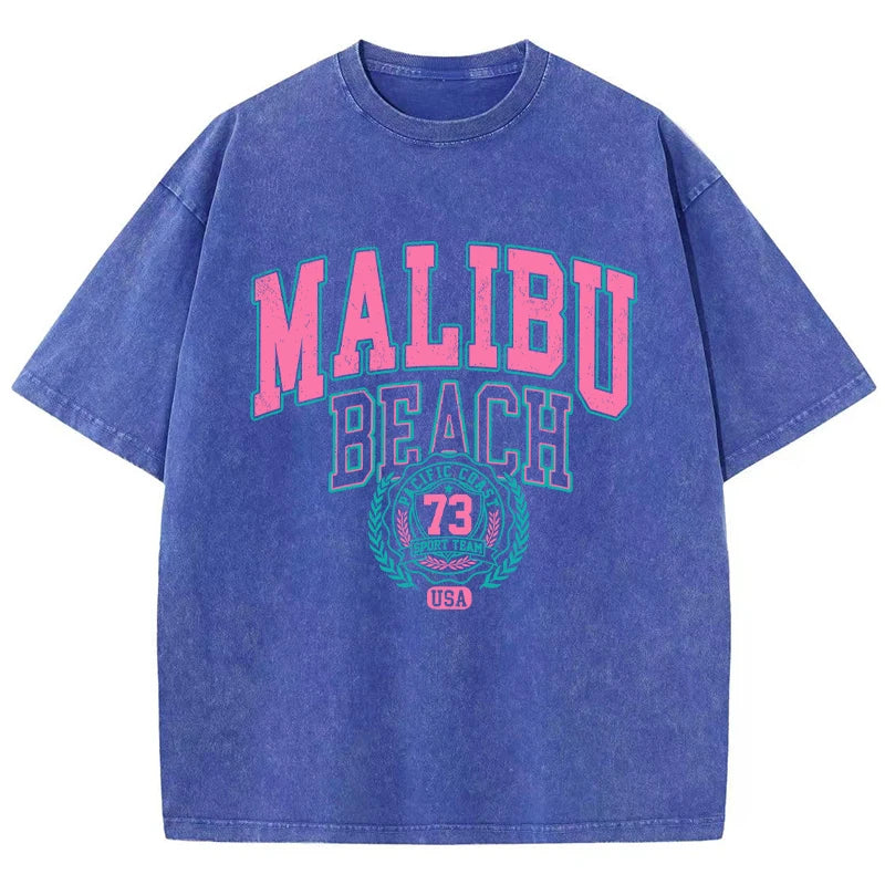 Women's Malibu Beach Washed Oversized T-Shirt – Letter Print 100% Cotton Crewneck Casual Tee (XS-XXL, 17 Colors)