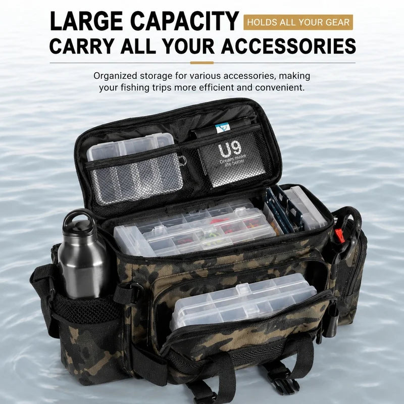 Waterproof Fishing Tackle Shoulder Bag – Large Capacity Crossbody with Rod Holder