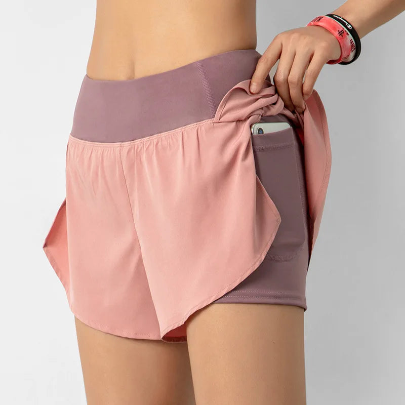 Women's Double-Layer Running Shorts – Slim-Fit Yoga & Gym Shorts with Pockets