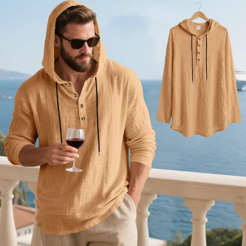 Men's Linen Blend Hooded Long Sleeve Shirt | Breathable Beach Casual Top