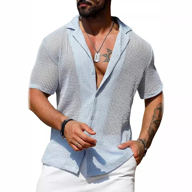 Men's Hollow Knit Beach Shirt – Breathable Short Sleeve Button-Up
