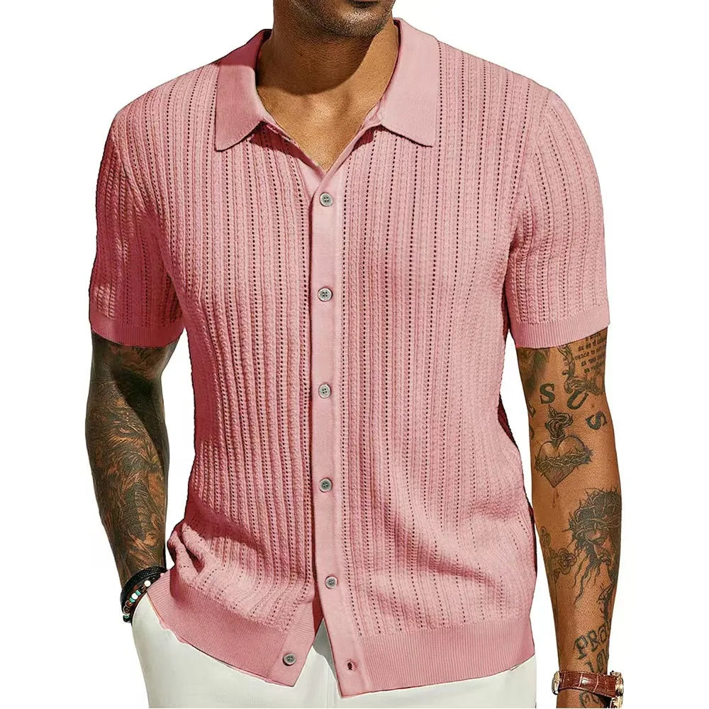 Men's Short-Sleeve Knitted Polo Shirt – Casual Loose Fit with Turn-Down Collar