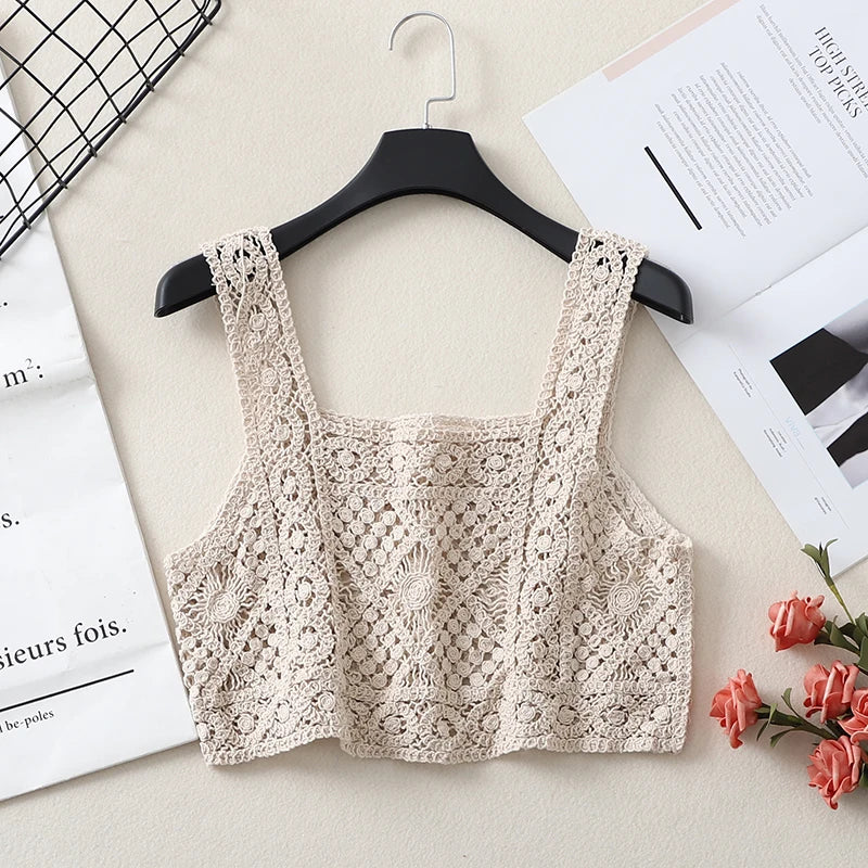 Women's Crochet Crop Top | Square Neck Backless Knit Vest