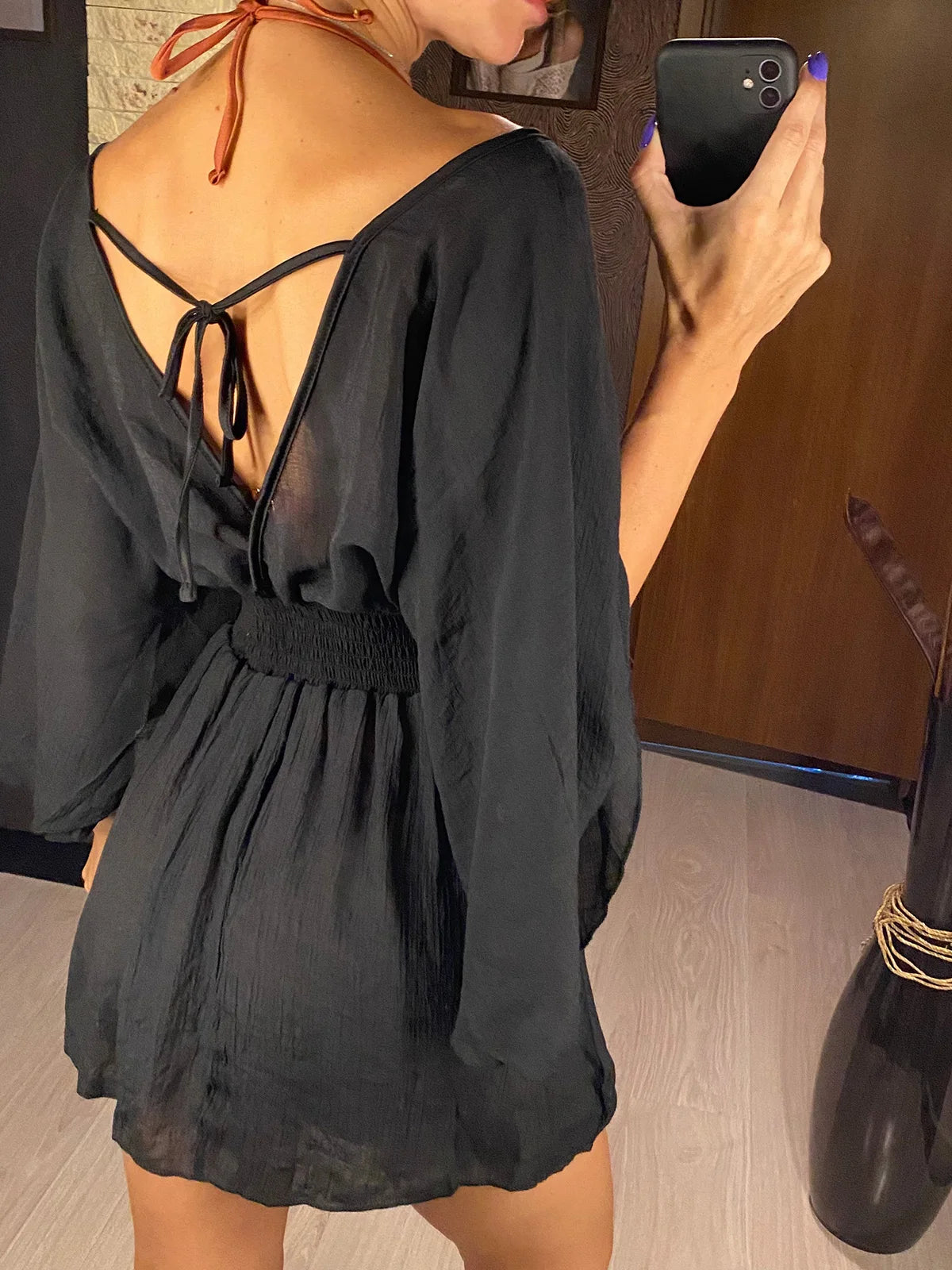 Women's V-Neck Backless Chiffon Beach Cover-Up | Long Sleeve Tunic