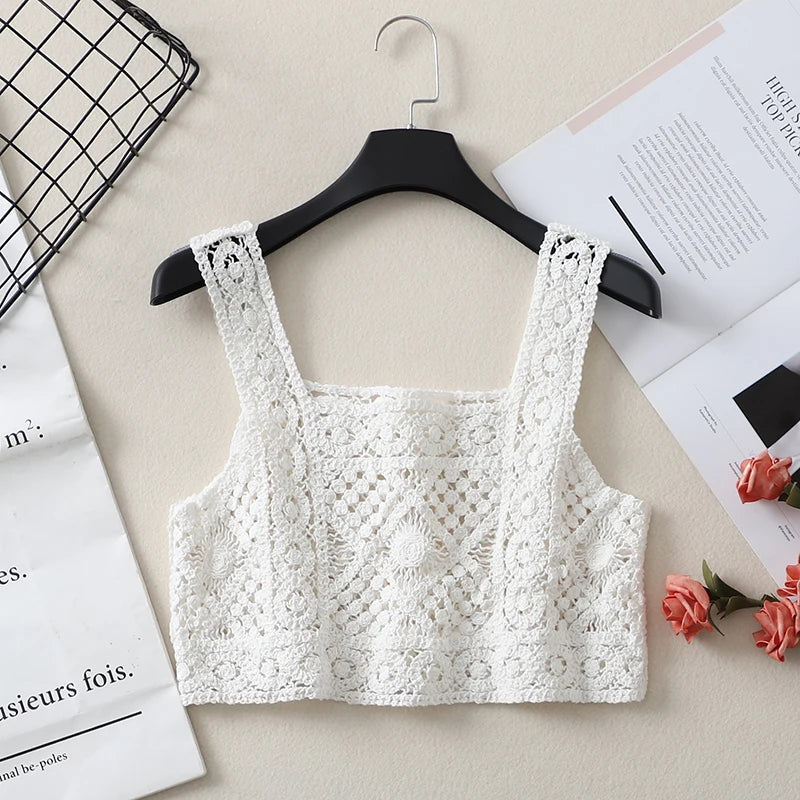 Women's Crochet Crop Top | Square Neck Backless Knit Vest