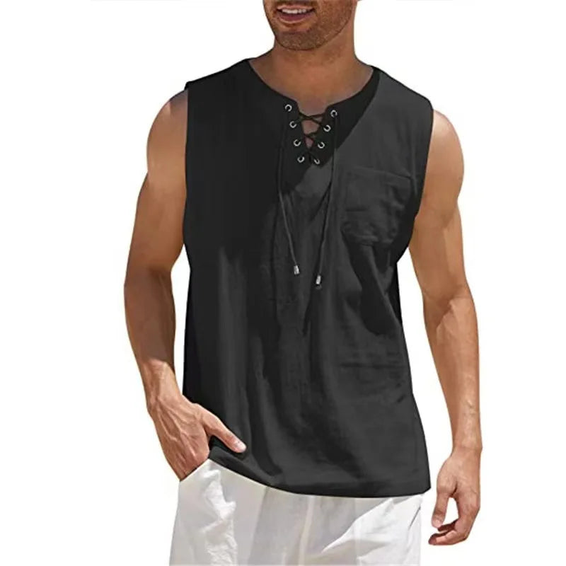 Men's Cotton Linen Sleeveless Vest – Retro V-Neck Lace-Up Tank Top, Loose Fit