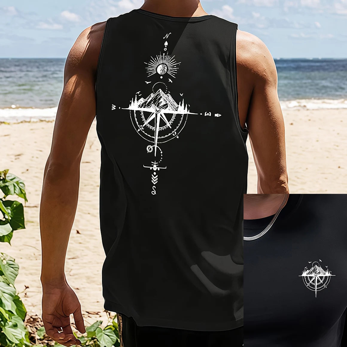 Men's Compass & Mountain Print Tank Top – Loose Fit Breathable Sleeveless Vest for Sports, Travel & Summer (S-XXL)