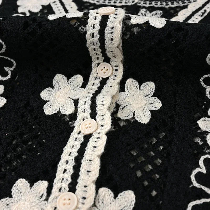 Floral Crochet Vest Top – Sheer Button-Front Sleeveless Jacket