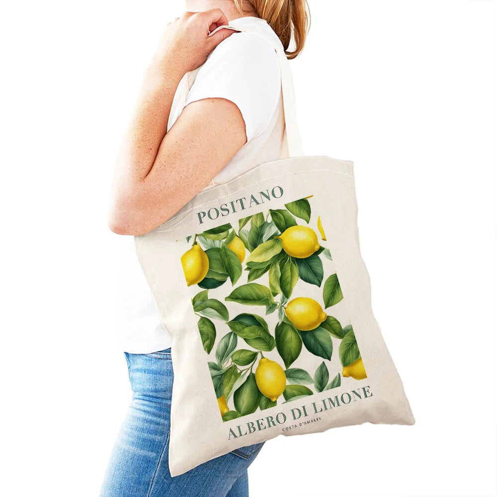 Positano Lemon & Leaves Canvas Tote Bag – Women's Eco Shopper | Italian Summer Handbag