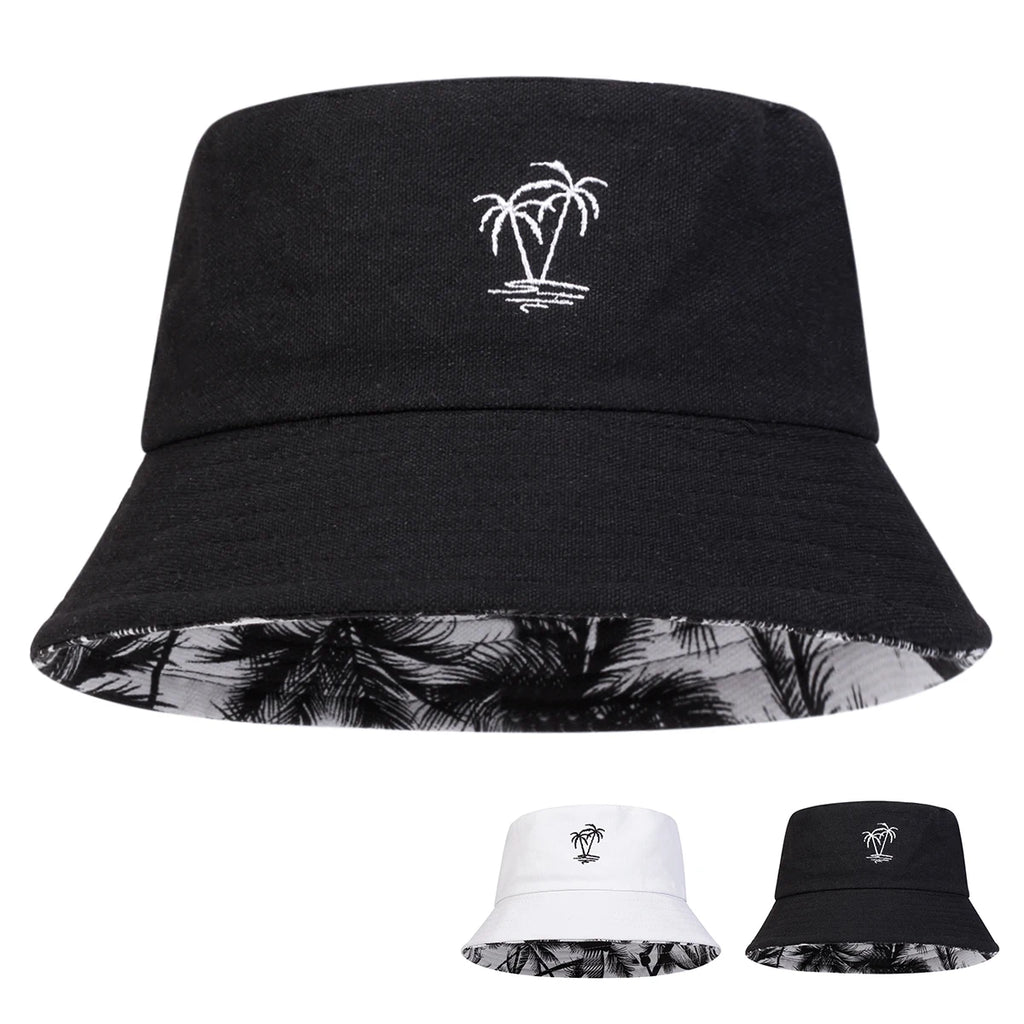 Coconut Tree Embroidery Bucket Hat | Reversible Unisex Fisherman Cap | Outdoor Sun Hat